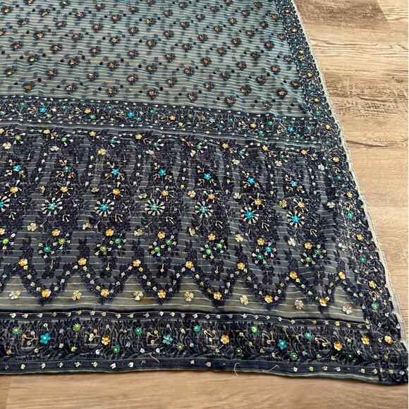 Vintage Beaded Sheer Tablecloth or Textile Panel Teal Mesh Sequin Floral 42x80 - Picture 6 of 6